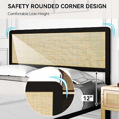 Rattan Bed Frame with Natural Rattan Headboard, Cane Boho Platform Bed Frame,Natural Bed Frame