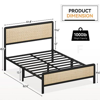 Rattan Bed Frame with Natural Rattan Headboard, Cane Boho Platform Bed Frame,Natural Bed Frame