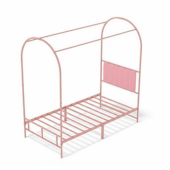 Canopy Bed Frame with Upholstered Headboard,Metal Platform Bed Frame
