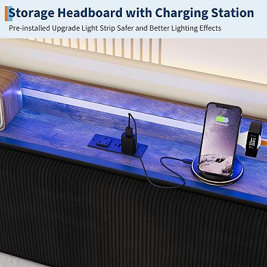 Daybed with Trundle and LED Light,Bed Frame with Corduroy Upholstered Headboard and Charging Station