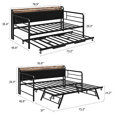 Daybed with Trundle and LED Light,Bed Frame with Corduroy Upholstered Headboard and Charging Station