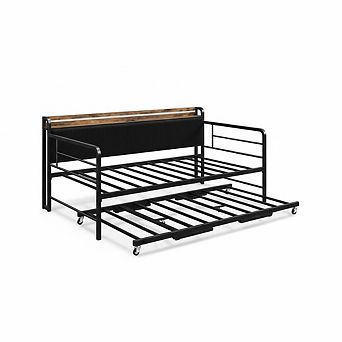 Daybed with Trundle and LED Light,Bed Frame with Corduroy Upholstered Headboard and Charging Station