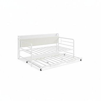 Daybed with Trundle and LED Light,Bed Frame with Corduroy Upholstered Headboard and Charging Station