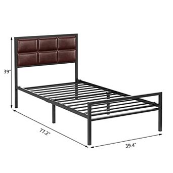 Metal Bed Frame, Soft Faux Leather Square Stitched Headboard, Heavy Duty Metal Bed Platform