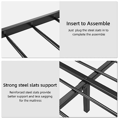 Metal Bed Frame, Soft Faux Leather Square Stitched Headboard, Heavy Duty Metal Bed Platform