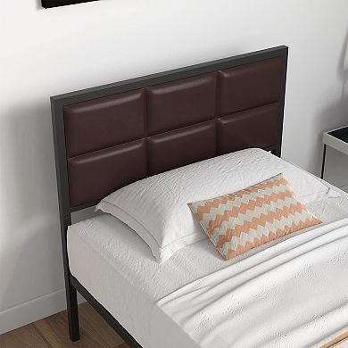 Metal Bed Frame, Soft Faux Leather Square Stitched Headboard, Heavy Duty Metal Bed Platform