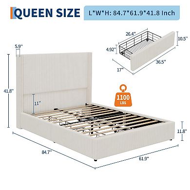 Modern Boho Upholstered Platform Bed with 4 Storage Drawers, Corduroy Tufted Wingback Headboard