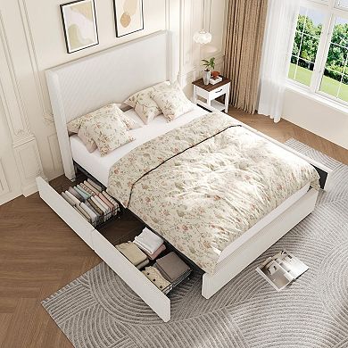 Modern Boho Upholstered Platform Bed with 4 Storage Drawers, Corduroy Tufted Wingback Headboard