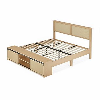 Natural Rattan Bed Frame with Sliding Barn Door Storage Cabinets and Headboard,Wood Platform Bed