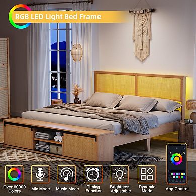 Natural Rattan Bed Frame with Sliding Barn Door Storage Cabinets and Headboard,Wood Platform Bed