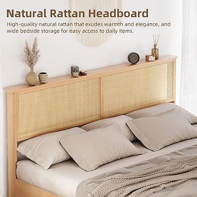 Natural Rattan Bed Frame with Sliding Barn Door Storage Cabinets and Headboard,Wood Platform Bed