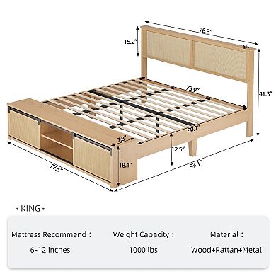 Natural Rattan Bed Frame with Sliding Barn Door Storage Cabinets and Headboard,Wood Platform Bed