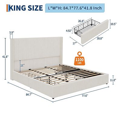 Modern Boho Upholstered Platform Bed with 4 Storage Drawers, Corduroy Tufted Wingback Headboard