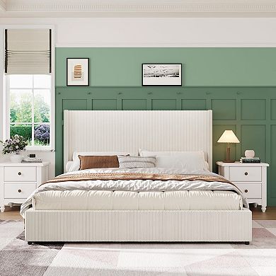 Modern Boho Upholstered Platform Bed with 4 Storage Drawers, Corduroy Tufted Wingback Headboard