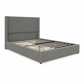 Modern Boho Upholstered Platform Bed with 4 Storage Drawers, Corduroy Tufted Wingback Headboard