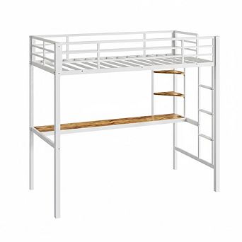 Loft Bed with Desk and Storage Shelves,Metal Loft Bed with Slats Support and Ladder,Safety Guardrail