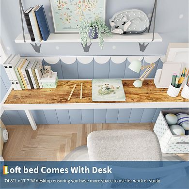 Loft Bed with Desk and Storage Shelves,Metal Loft Bed with Slats Support and Ladder,Safety Guardrail