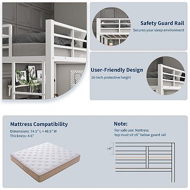 Loft Bed with Desk and Storage Shelves,Metal Loft Bed with Slats Support and Ladder,Safety Guardrail