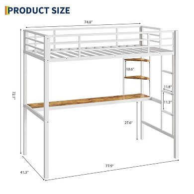 Loft Bed with Desk and Storage Shelves,Metal Loft Bed with Slats Support and Ladder,Safety Guardrail