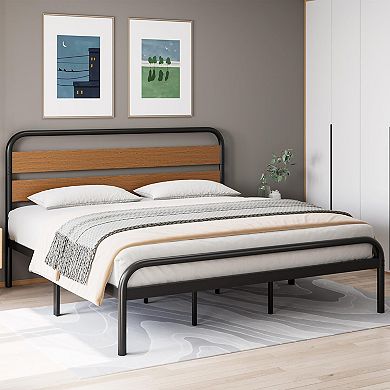 Modern Platform Bed with Wood Headboard, Sturdy Steel Slats Support Metal Bed Frame