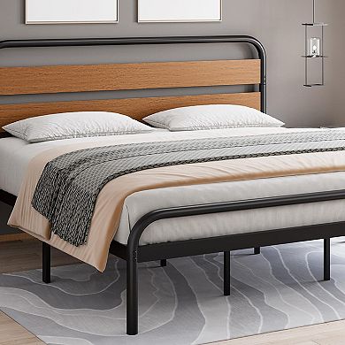 Modern Platform Bed with Wood Headboard, Sturdy Steel Slats Support Metal Bed Frame