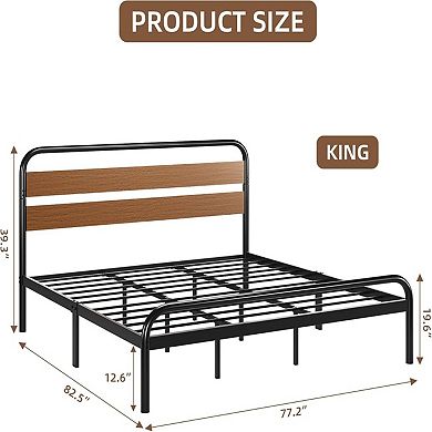 Modern Platform Bed with Wood Headboard, Sturdy Steel Slats Support Metal Bed Frame