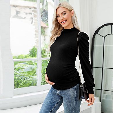 Women's Knit Ribbed Maternity Top Mock Neck Long Sleeve Shirts Pregnant Ruched Tunic Pullover