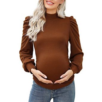 Women's Knit Ribbed Maternity Top Mock Neck Long Sleeve Shirts Pregnant Ruched Tunic Pullover