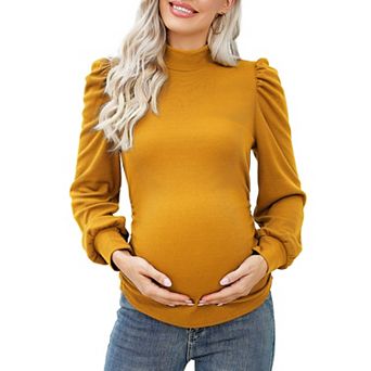 Women's Knit Ribbed Maternity Top Mock Neck Long Sleeve Shirts Pregnant Ruched Tunic Pullover