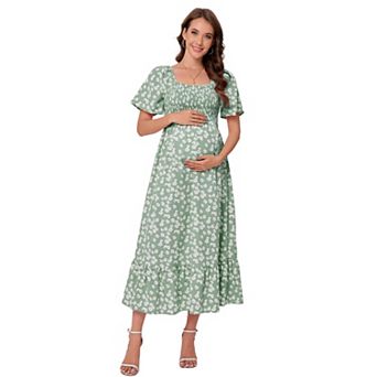 Women Summer Maxi Maternity Dress Short Sleeve Square Neck Floral Boho Long Sundress