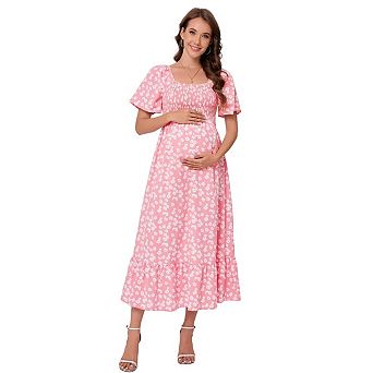 Women Summer Maxi Maternity Dress Short Sleeve Square Neck Floral Boho Long Sundress