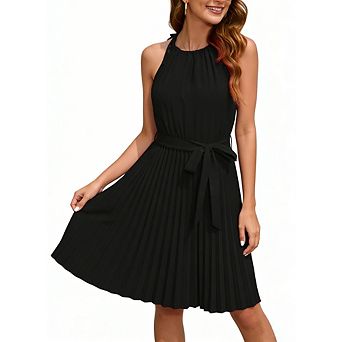 Women's Halter Midi Dress Self-Tie Neck Waist Pleated Skirt for Causal Office Party Wear
