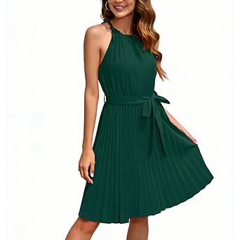 Women's Halter Midi Dress Self-Tie Neck Waist Pleated Skirt for Causal Office Party Wear
