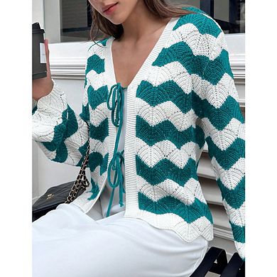 Women's Cardigan Sweater Vintage Open Front Mixed Checkered Pattern Chunky Knit Plaid Long Sleeve