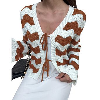Women's Cardigan Sweater Vintage Open Front Mixed Checkered Pattern Chunky Knit Plaid Long Sleeve