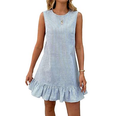 Women's Striped Print Sleeveless Ruffle Tunic Dress Summer Swing Flowy Mini Dresses
