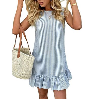 Women's Striped Print Sleeveless Ruffle Tunic Dress Summer Swing Flowy Mini Dresses
