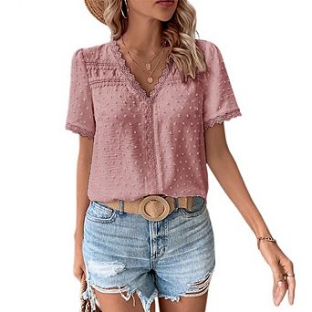 Women's Chiffon Blouse Lace V-Neck Swiss Dot Short Sleeves Loose Fit for Casual Office Wear