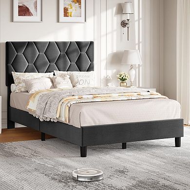 Platform Bed Frame with Adjustable Upholstered Headboard,Modern Bed Frame with Wooden Slats Support