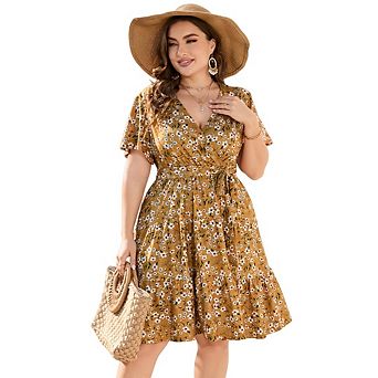 Women Plus Size V Neck Wrap Dress High Waisted Short Sleeves Casual Midi Dress with Belt