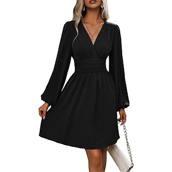 Women Mini Deep V Neck Long Sleeve Dress A-Line High Waist Casual Dress for Cocktail Wedding Guest