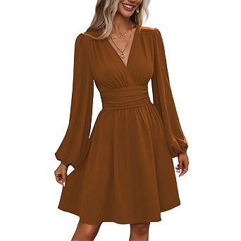 Women Mini Deep V Neck Long Sleeve Dress A-Line High Waist Casual Dress for Cocktail Wedding Guest