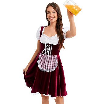 Women's Oktoberfest Dirndl Dress Square Neck Stretch Velvet Dress Dirndl Side Zipper Beer Costume
