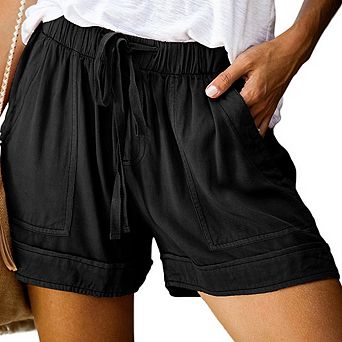 Women High Waist Drawstring Loose Wide Leg Shorts Elastic Waist Shorts Fashion Cuffed Pocket Shorts