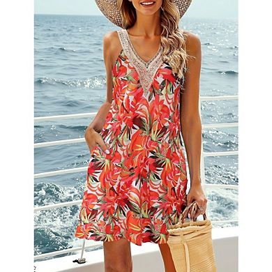 Women's Boho Flower Mini Dress Lace V-Neck Spaghetti Straps A-Line for Beach Vacation Wear