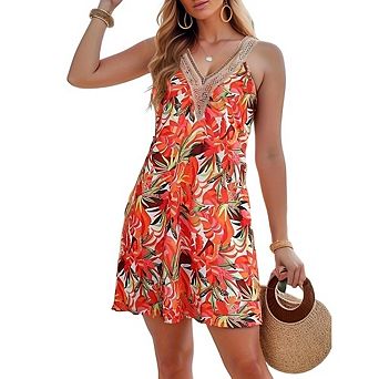 Women's Boho Flower Mini Dress Lace V-Neck Spaghetti Straps A-Line for Beach Vacation Wear
