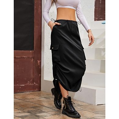 Women Y2k Cargo Low Waist Drawstring Ruched Vintage Slit Cargo Maxi Skirt with Pockets