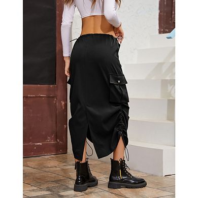 Women Y2k Cargo Low Waist Drawstring Ruched Vintage Slit Cargo Maxi Skirt with Pockets
