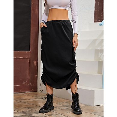 Women Y2k Cargo Low Waist Drawstring Ruched Vintage Slit Cargo Maxi Skirt with Pockets