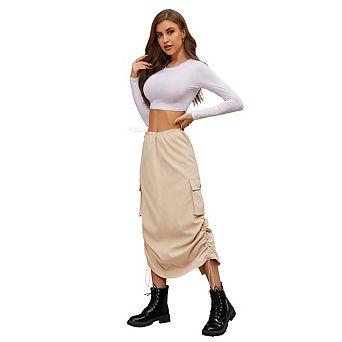 Women Y2k Cargo Low Waist Drawstring Ruched Vintage Slit Cargo Maxi Skirt with Pockets